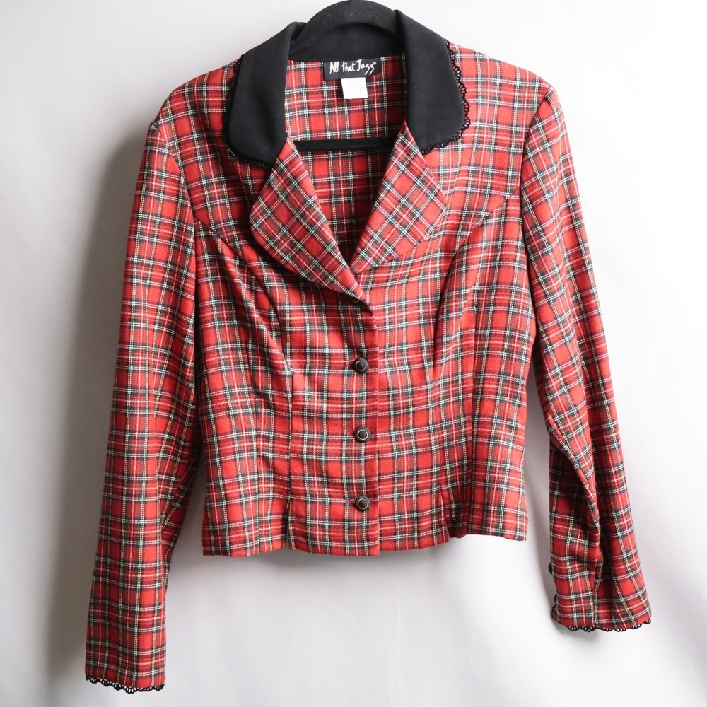 VTG 90s Red Tartan Plaid Blazer Jacket Dark‎ Academia Cher Horowitz Holiday L